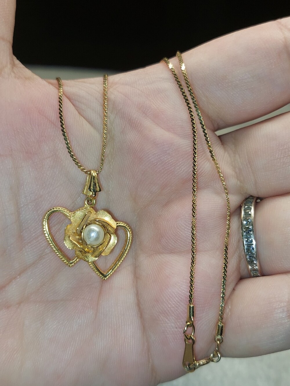 Goldtone Heart & Rose Pendant Necklace with Pearl Accent